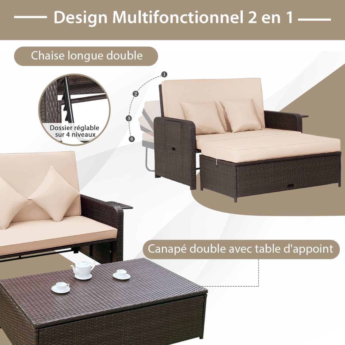 Salon de Jardin Extérieur Ajustable à Lit, 2 Place avec Stockage Caché, Dossier Réglable à 4 Niveaux en Rotin PE