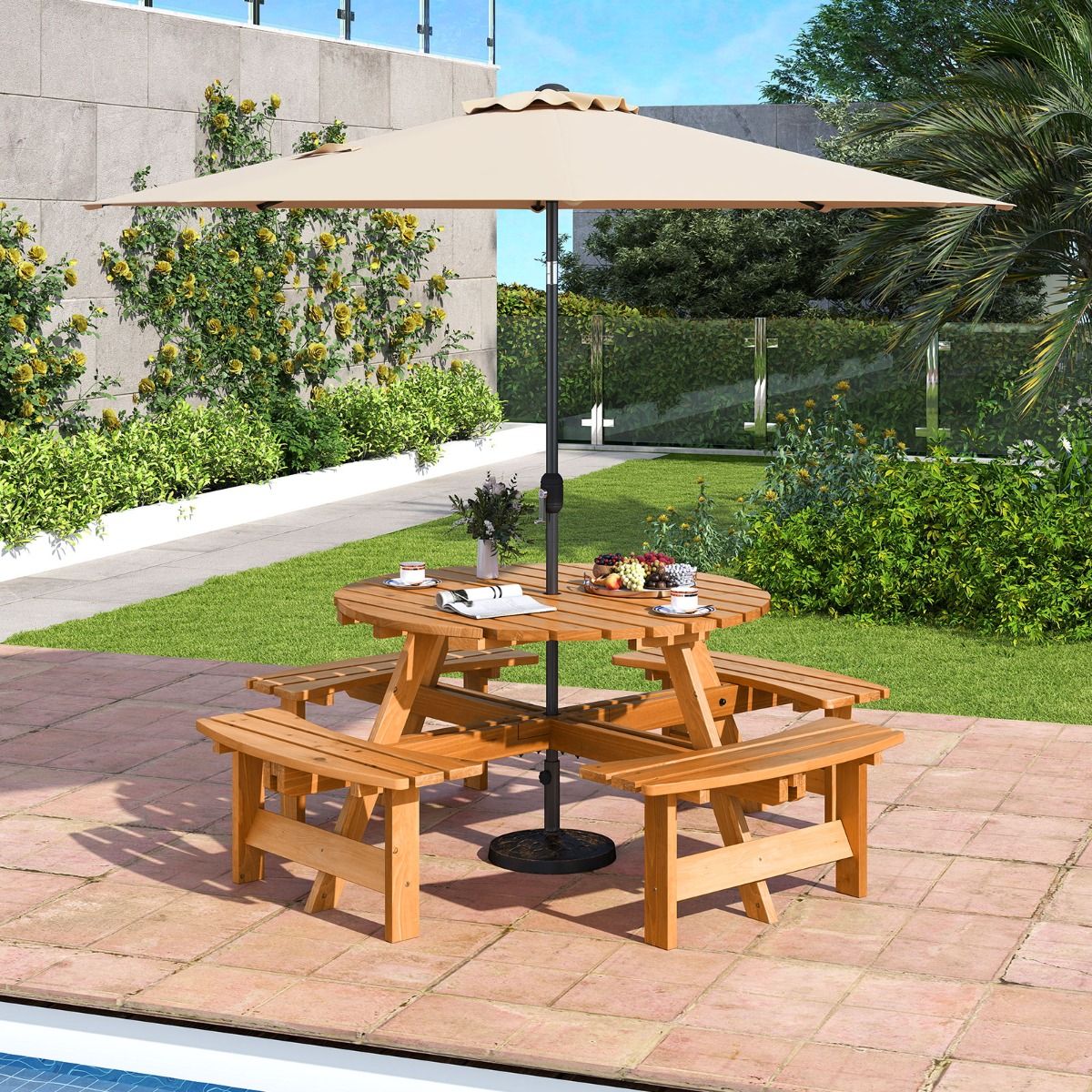 Ensemble Table de Pique-Nique en Bois pour 2 à 8 Personnes Set Table et Banc Circulaire avec 4 Bancs Intégrés Trou de Parasol de 5cm Marron/Jaune