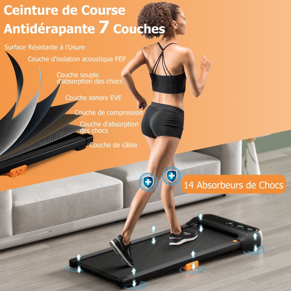 Tapis de Course et de Marche avec 12 Programmes Prédéfinis Télécommande et Écran Tactile Led Machine de Jogging et de Marche Capacité 120 Kg Noir