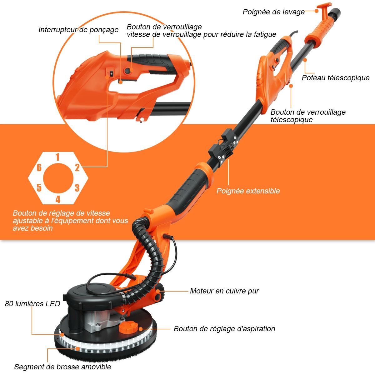 Ponceuse à Plâtre Murale 750W Ø 225mm Aluminium 6 Vitesses Variables Lumières LED Manche Télescopique 12 Disques Abrasifs