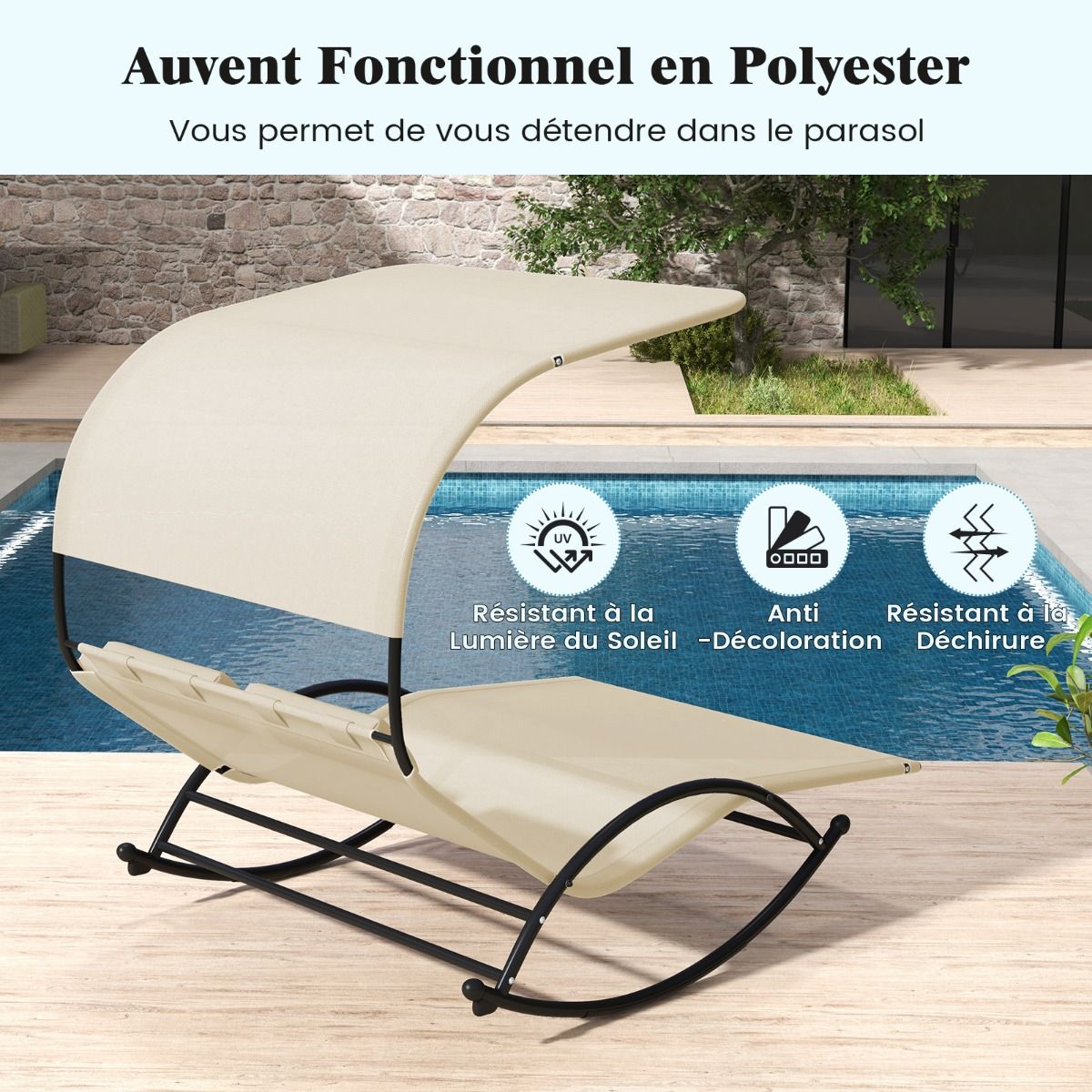 Chaise Longue Double Chaise à Bascule pour 2 Personnes 2 Appui-Têtes Amovibles Cadre en Métal Robuste Lit de Repos Ergonomique 2 Places Gris/Noir/Beige