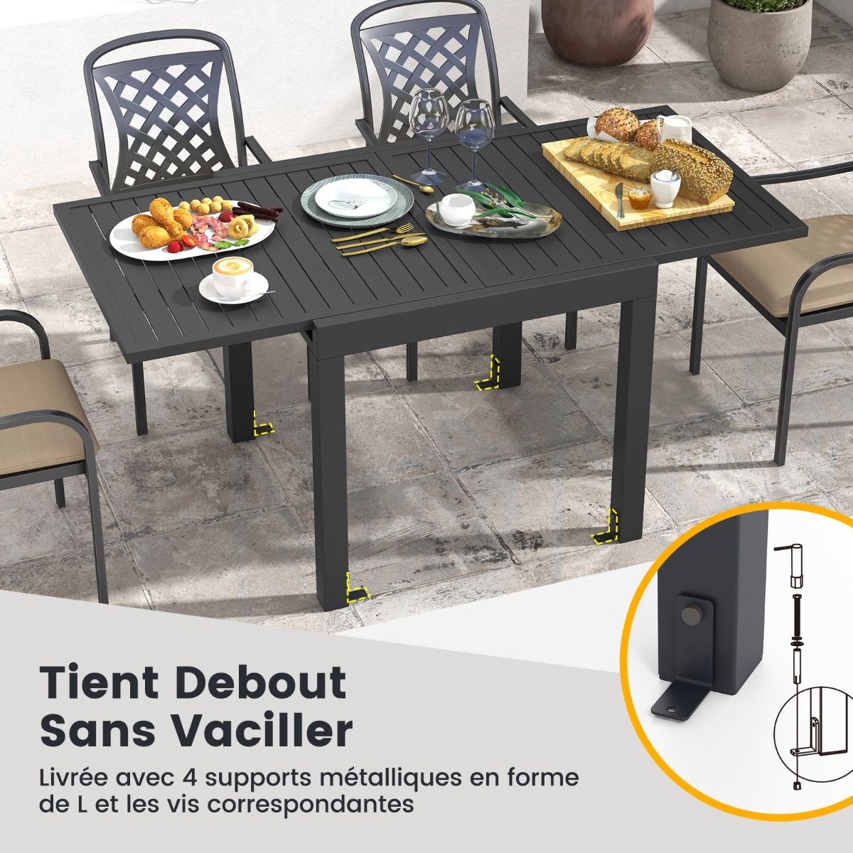 Table de Jardin Extensible en Aluminium Ajustable de 80 à 160 CM Table à Manger Extérieure Plateau à Lattes pour 4-6 Personnes Gris Foncé
