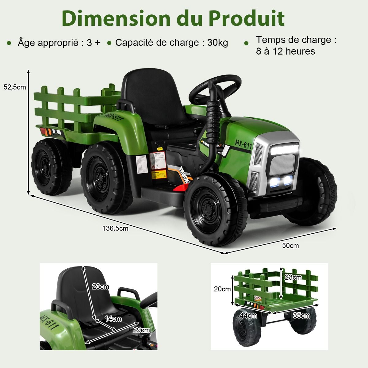 Tracteur Electrique avec Remorque pour Enfants 3 Vitesses Lumières LED Fonctions Audio USB et Bluetooth Jaune/Rose/Rouge/Vert/Vert Foncé/Noir