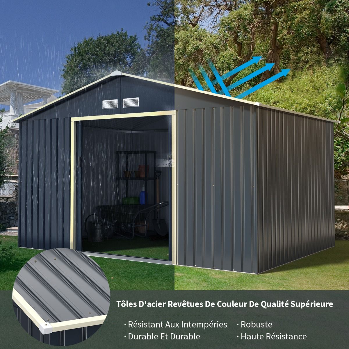 Abri de Jardin en Métal 8,67 ㎡ 340 x 255 x 210 cm avec 2 Portes Coulissantes Verrouillables 4 Trous d’Aération Gris pour Vélo