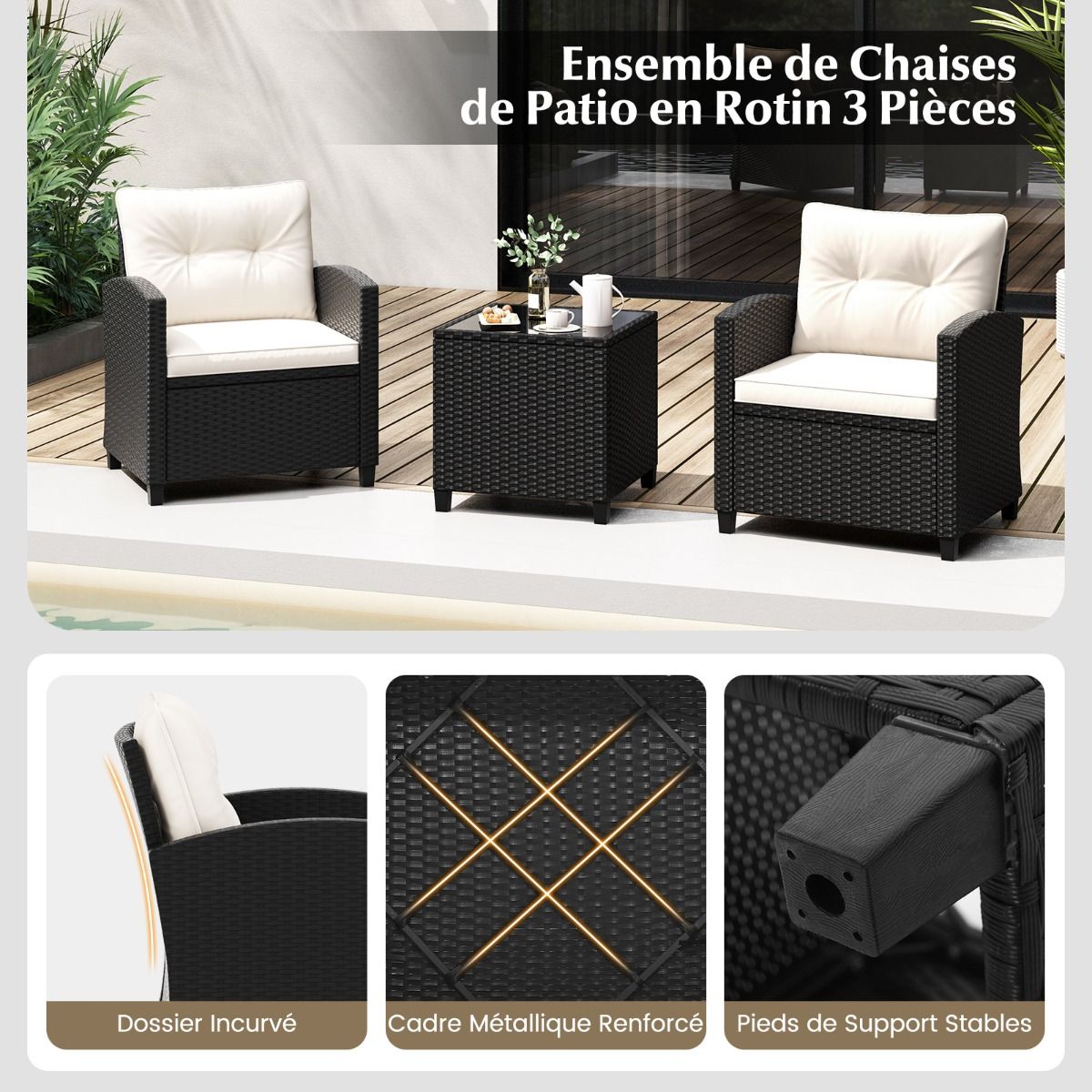 Ensemble de Meubles 3 Pièces de Patio en Rotin Charge 180KG Salon de Jardin 2 Fauteuils Table Basse avec Plateau Noir/Beige/Blanc