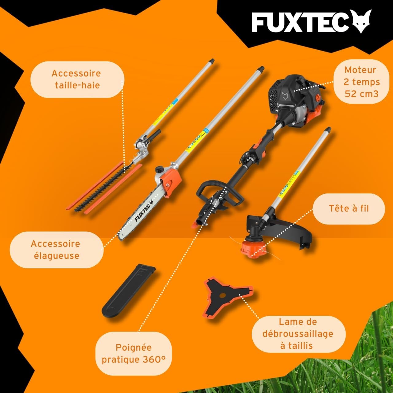 Fuxtec Débroussailleuse Thermique Multifonction 5 en 1 Multitool FX-MT152E - Easy Starter 3CV 52 cm³, Moteur 2 Temps, Élagueuse Taille Haie Coupe Bordure Avec Fil ou Lame 1 Mètre Rallonge