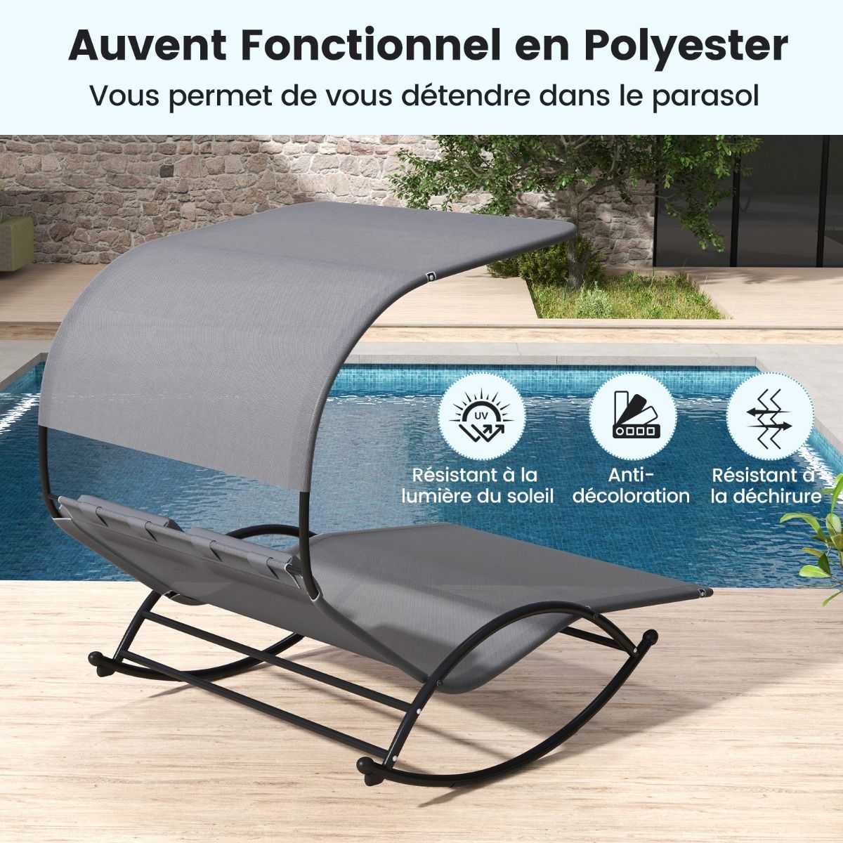 Chaise Longue Double Chaise à Bascule pour 2 Personnes 2 Appui-Têtes Amovibles Cadre en Métal Robuste Lit de Repos Ergonomique 2 Places Gris/Noir/Beige