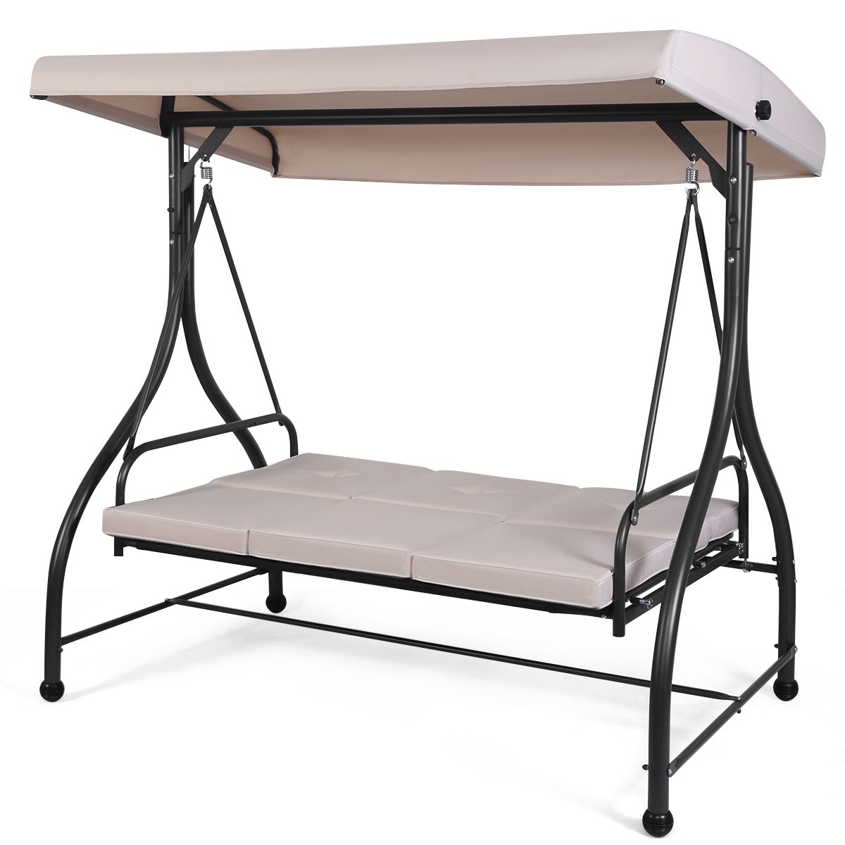 Balancelle d'Extérieur Convertible Jardin Porche Avec Sièges à Coussins Auvent Réglable et Cadre en Métal Enduit Hamac 3 Places Beige