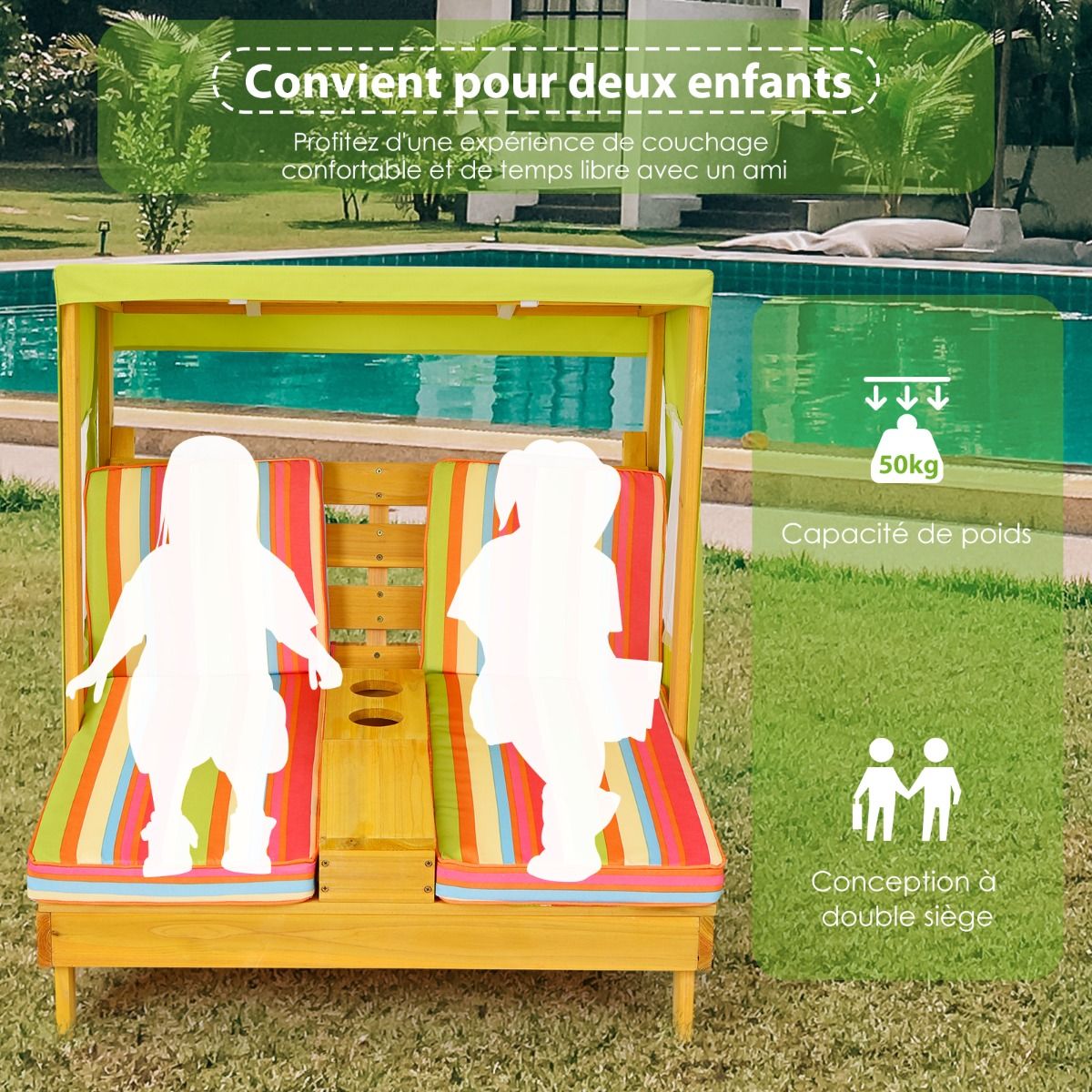 Chaise Longue pour Enfants 3-8 Ans Double Place en Bois avec Auvent Porte-gobelets Coussins Lavables Extérieur Supporté 50kg