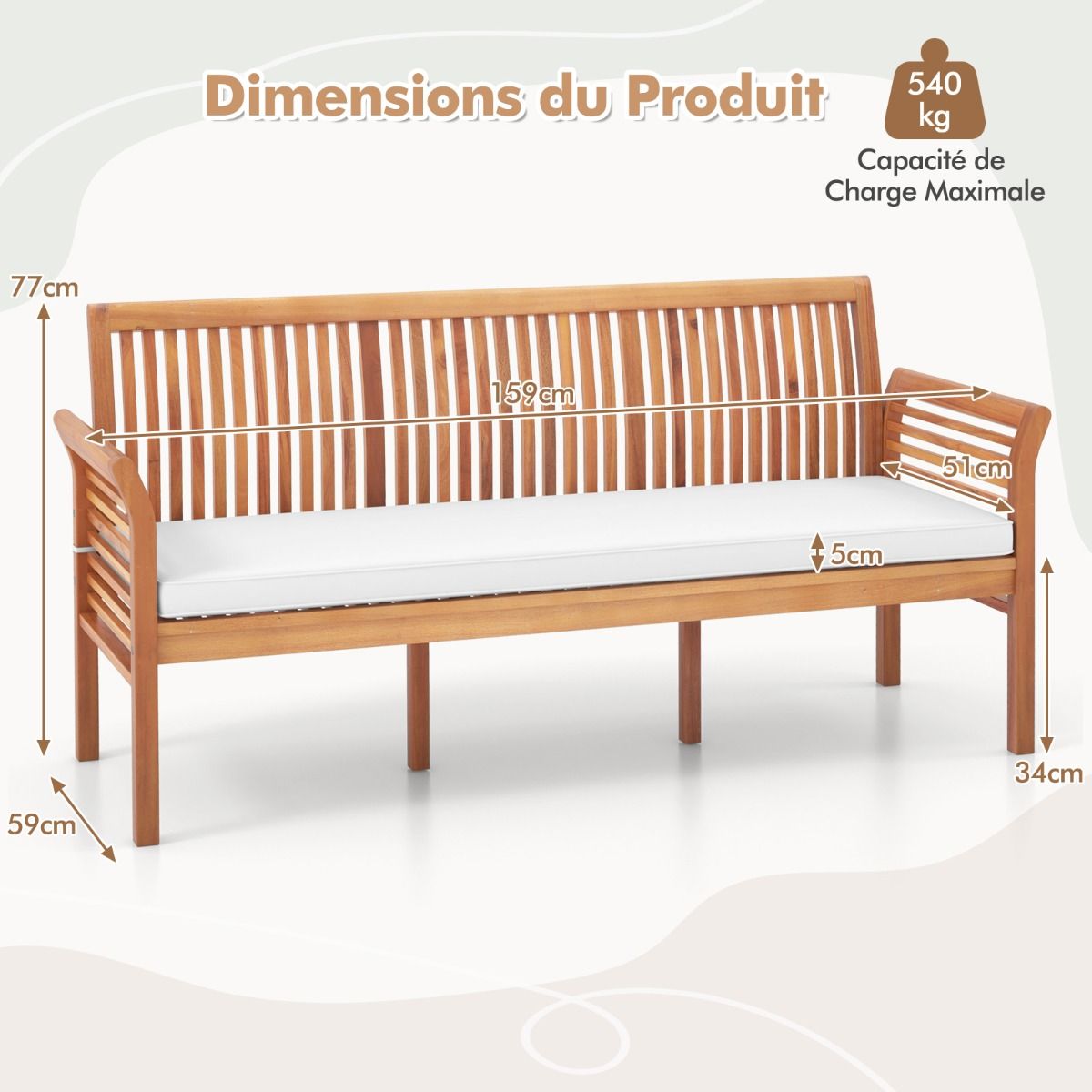 Banc de Terrasse en Bois 3 Places Banc en Acacia de 159 cm de Long avec Coussins d'Assise Doux Dossier et Accoudoirs Ergonomiques Blanc