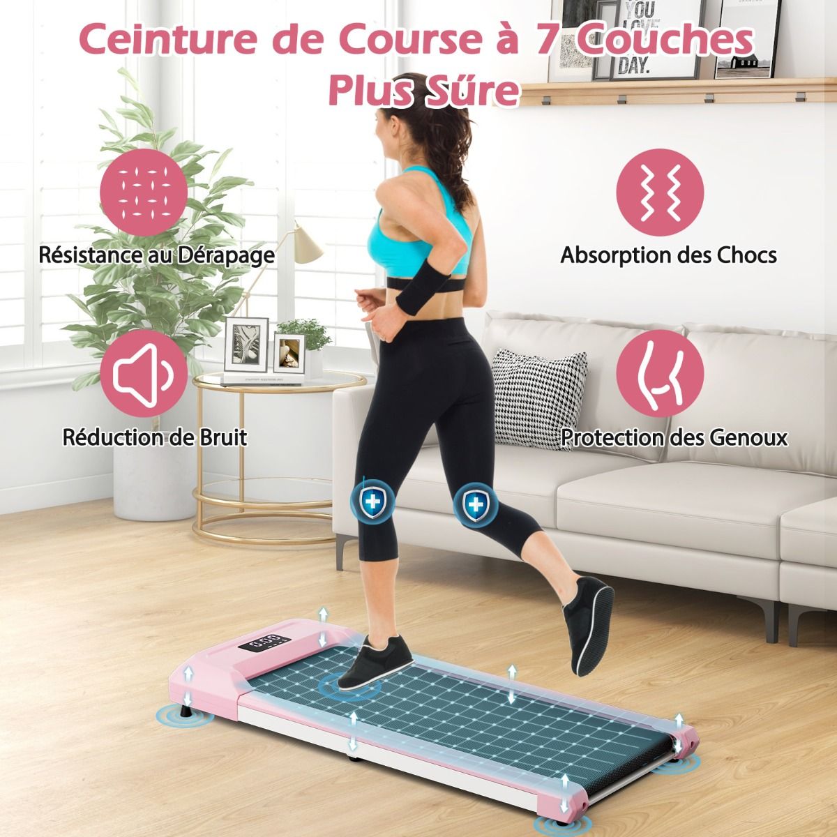 Tapis de Course Mince Tapis de Jogging avec Capacité de 120 Kg Télécommande et Écran Led Inclinable à Roulettes Tapis de Course à Glisser Gris/Noir/Rose