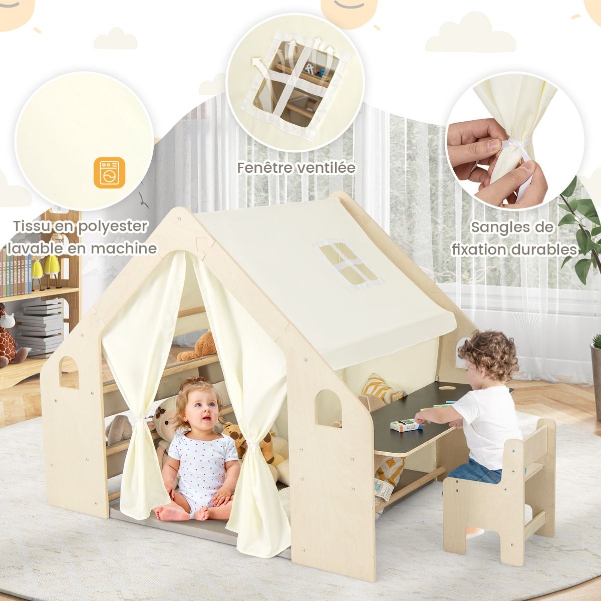 Tente de Jeu d'Intérieur en Bois pour Enfants 6 en 1 Tableau Noir Table Chaise 6 Bacs de Rangement Coussin de Sol Maison de Jeu pour 2-6 ans Beige