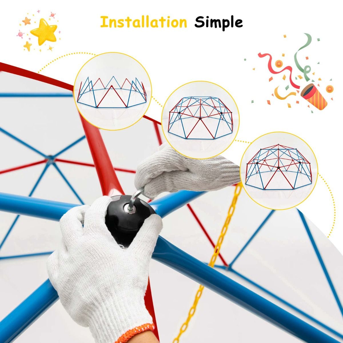 Dôme d'Escalade de 305cm avec Balançoire Cage d'Escalade en Métal Charge Max 363 kg Intérieur Extérieur pour Enfants de 3-10 Ans Jaune/Rouge