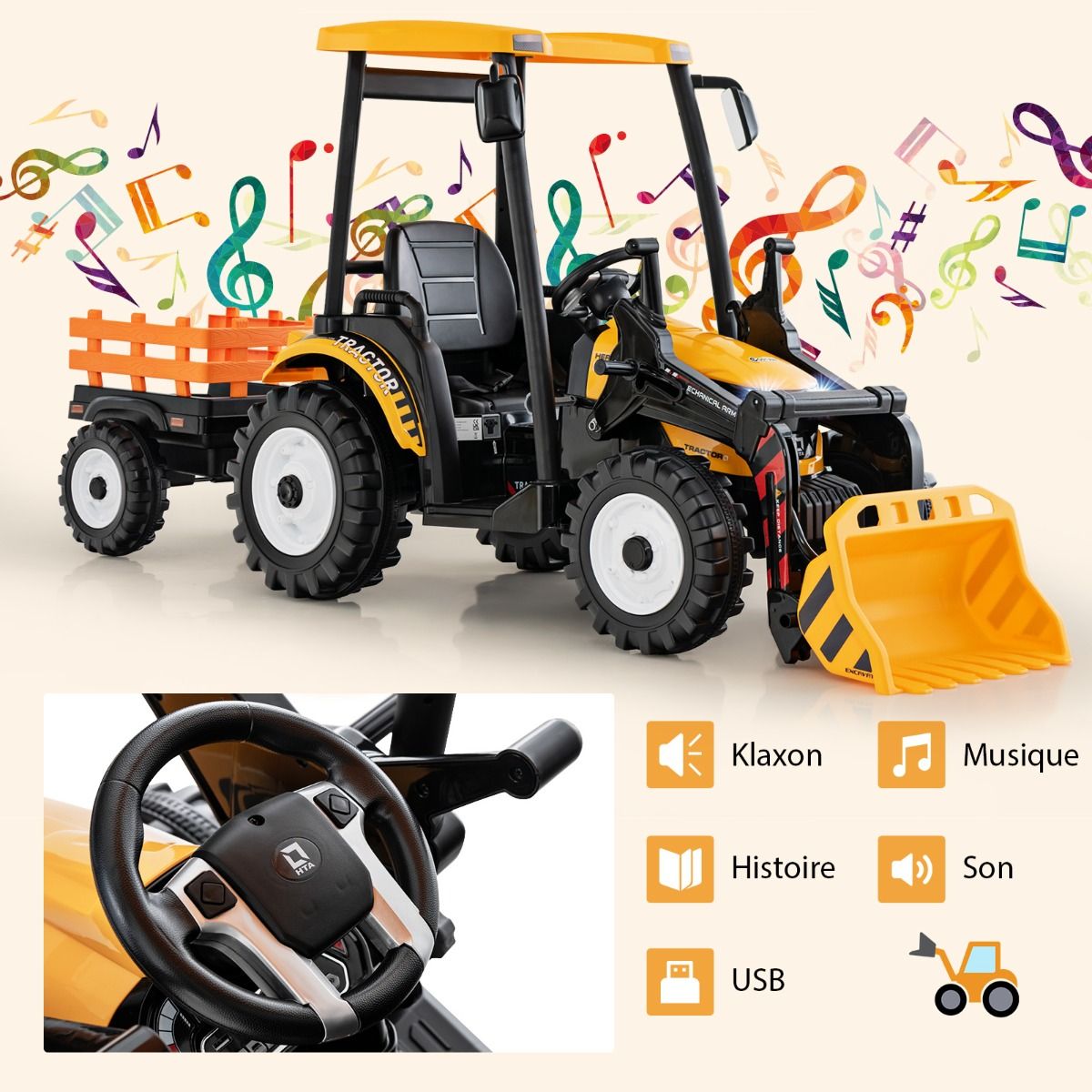 12V Tracteur Électrique Enfants avec Pelle&Remorque Amovible Véhicule Électrique à 6 Roues avec Télécommande & Musique 3-6 km/h pour 3-8 Ans Jaune/Vert