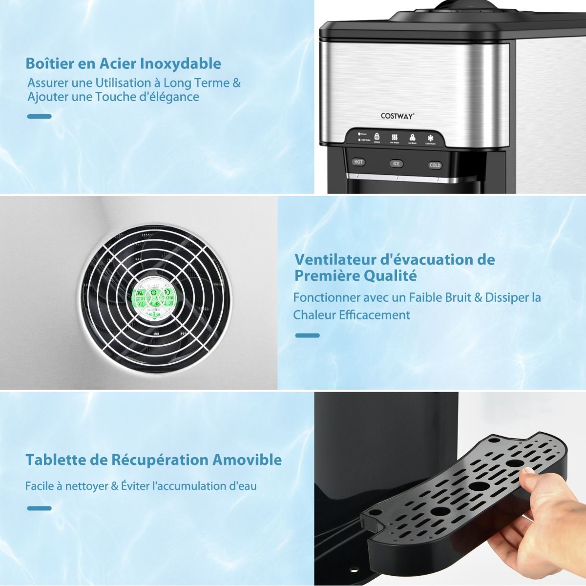 Machine à Glaçons 3 en 1 avec Distributeur d'Eau Froide/Chaude 20 kg en 24h Cube de Glace 6-13 min pour Maison Bureau Bar