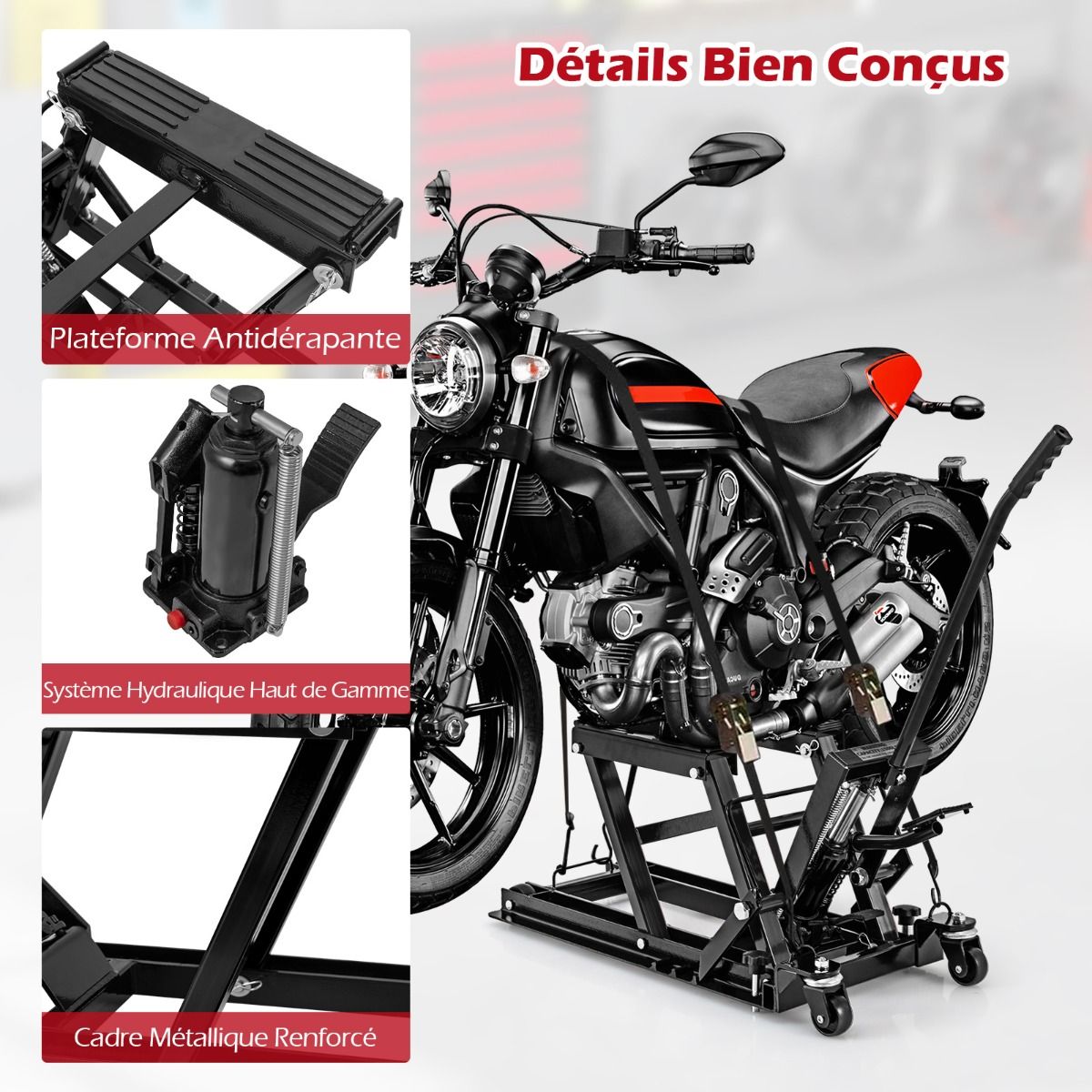 Cric Hydraulique pour Moto Capacité de 680 kg Table Élévatrice Moto Plateforme Réglable en Hauteur sur 3 Niveaux Rouge/Noir