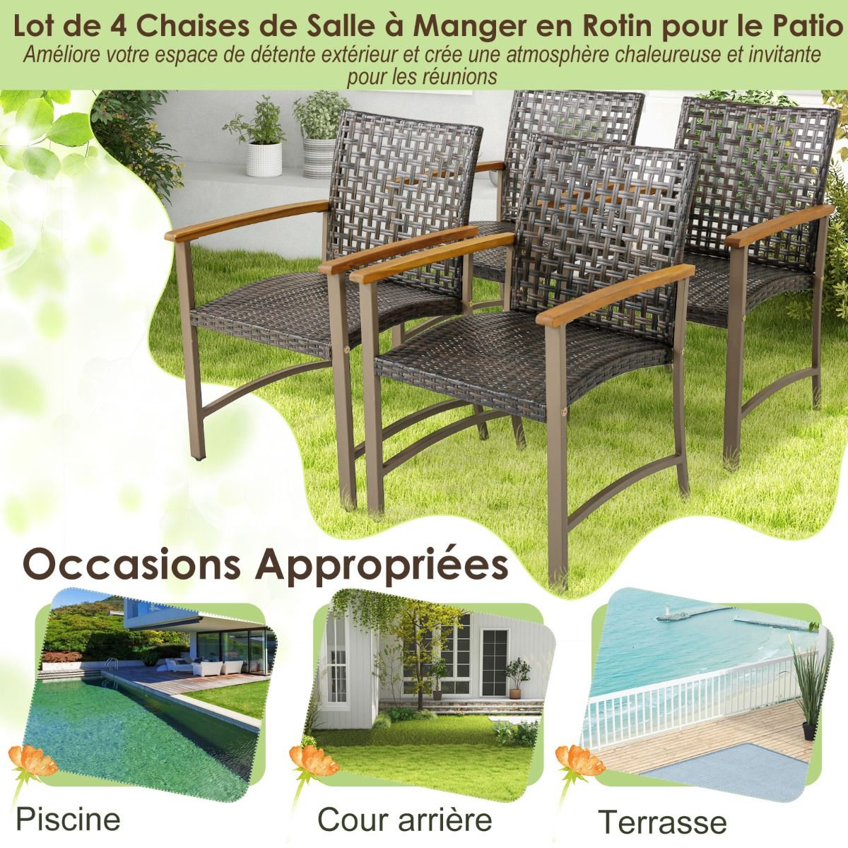Ensemble de 4 Chaises en Rotin pour l'Extérieur Chaises avec Accoudoirs en Bois d'Acacia Structure Métallique Robuste Chaises Ergonomiques