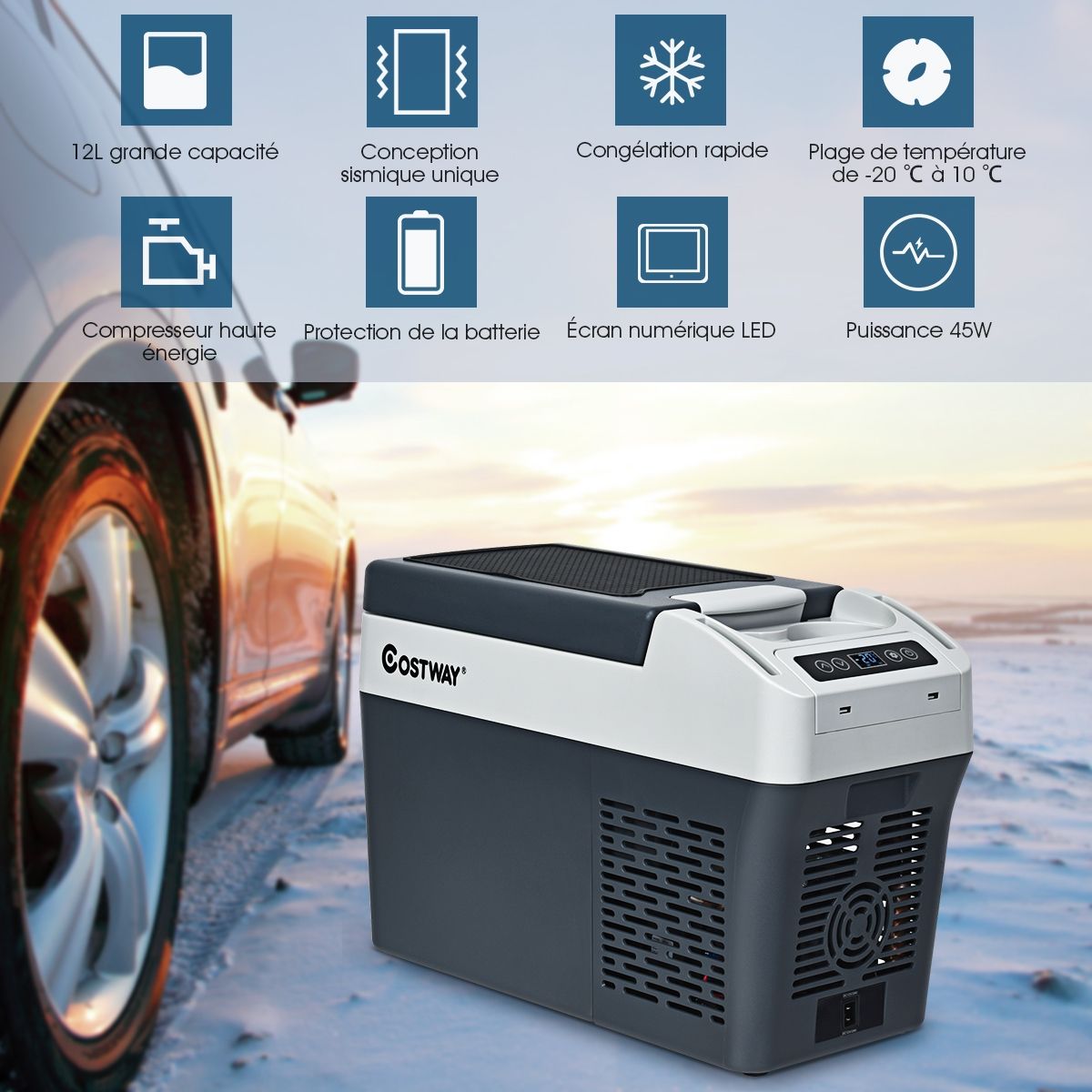 Réfrigérateur Congélateur de Voiture 12L Portable Compresseur -20°C à +10°C Ampoules LED  2 Porte-gobelets 23x53x36cm