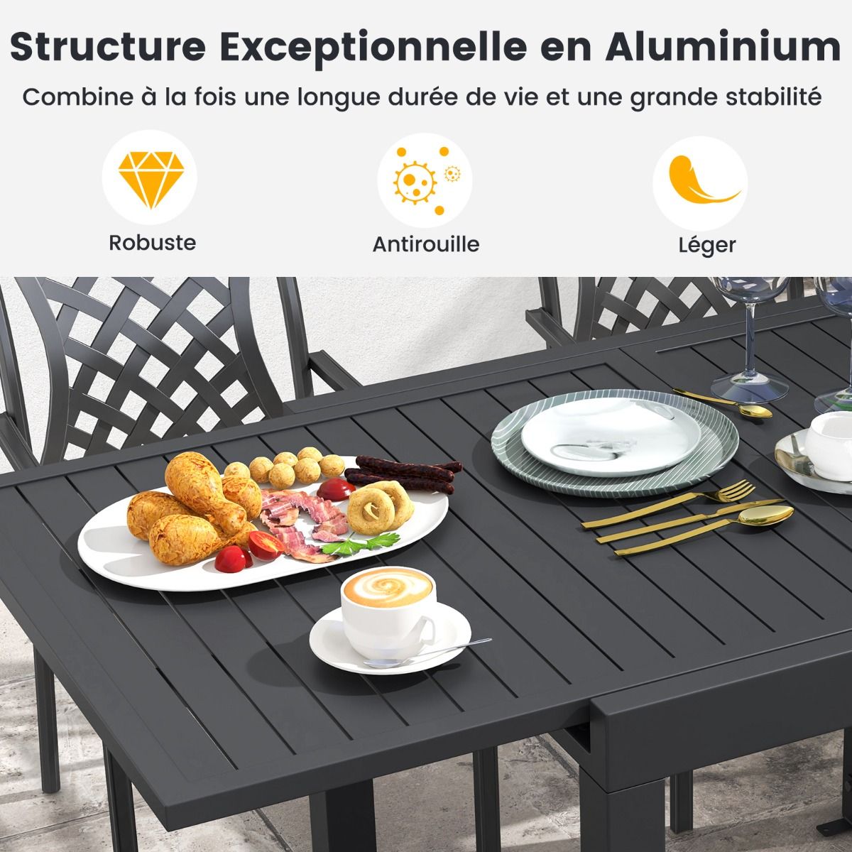 Table de Jardin Extensible en Aluminium Ajustable de 80 à 160 CM Table à Manger Extérieure Plateau à Lattes pour 4-6 Personnes Gris Foncé