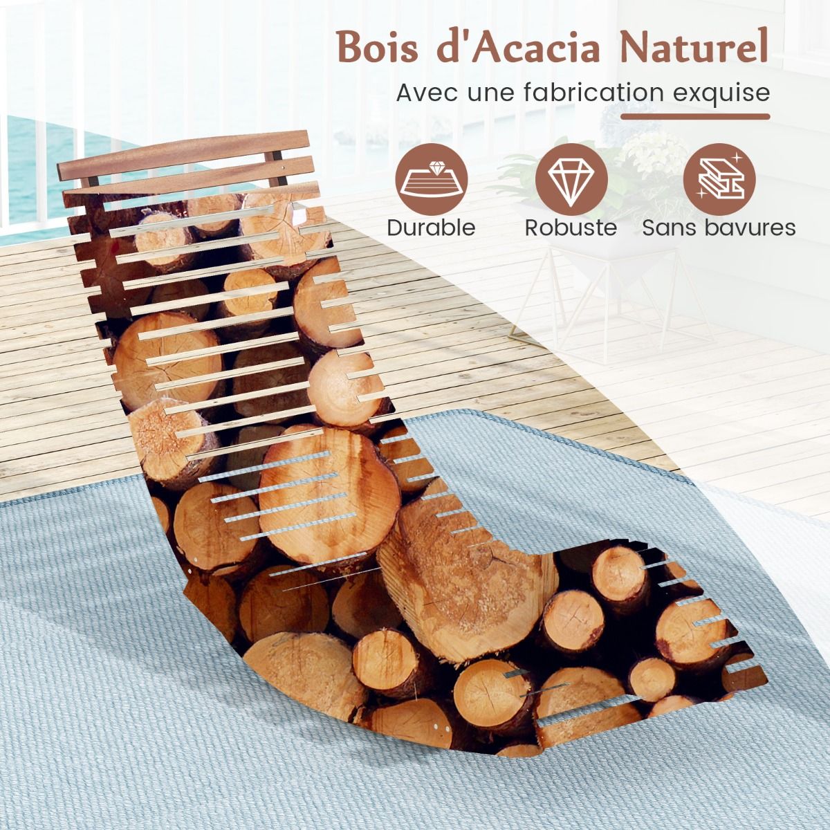 Lot de 2 Chaises Longue à Bascule en Bois d'Acacia Conception à Lattes Butées de Fond Charge Max 160KG Transat Ergonomique Naturel