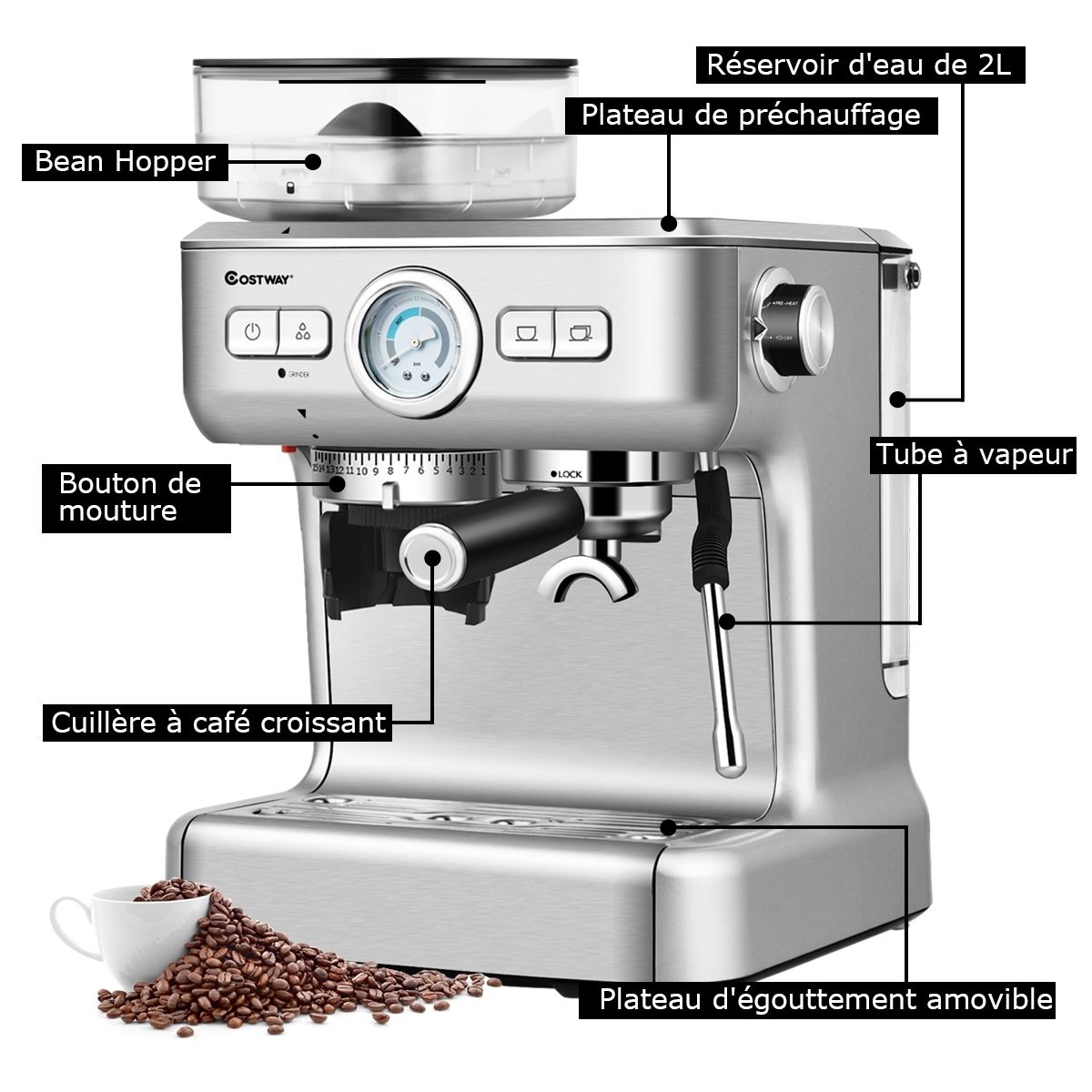 Machine à Café Automatique avec Broyeur à Grains 1350W 30 Niveaux de Poudre de Café Réglables Température Réglable