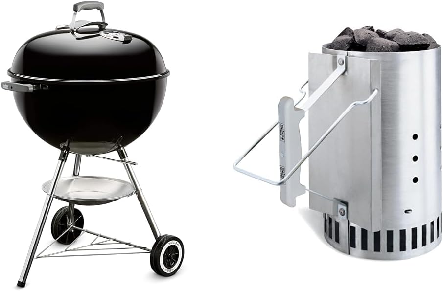 Weber Classic Kettle barbecue au charbon de bois, surface de cuisson Ø 57cm, barbecue avec couvercle et cuve en acier emaillé, thermomètre intégré au couvercle, trépied et roues - Noir (1341504)