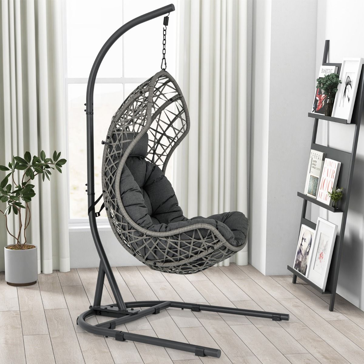 Chaise Oeuf en Rotin PE avec Support avec Oreiller et Coussin Chaise Suspendue avec Accessoires de Suspension Capacité 160 Kg Gris