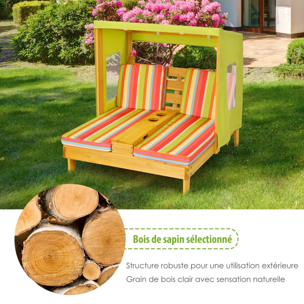 Chaise Longue pour Enfants 3-8 Ans Double Place en Bois avec Auvent Porte-gobelets Coussins Lavables Extérieur Supporté 50kg
