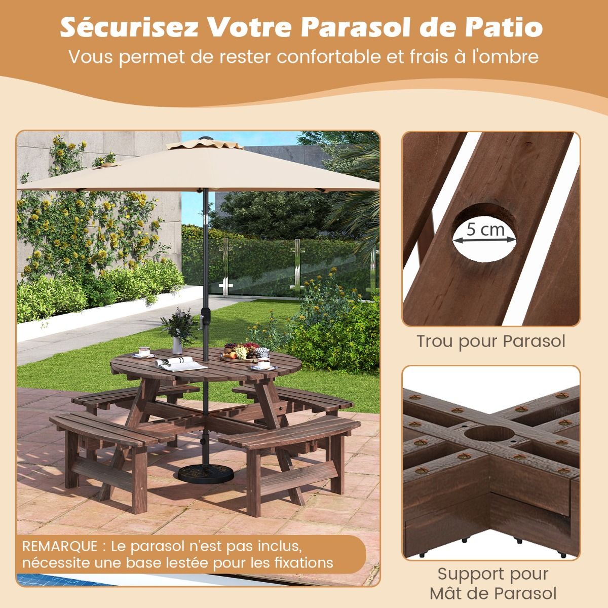 Ensemble Table de Pique-Nique en Bois pour 2 à 8 Personnes Set Table et Banc Circulaire avec 4 Bancs Intégrés Trou de Parasol de 5cm Marron/Jaune