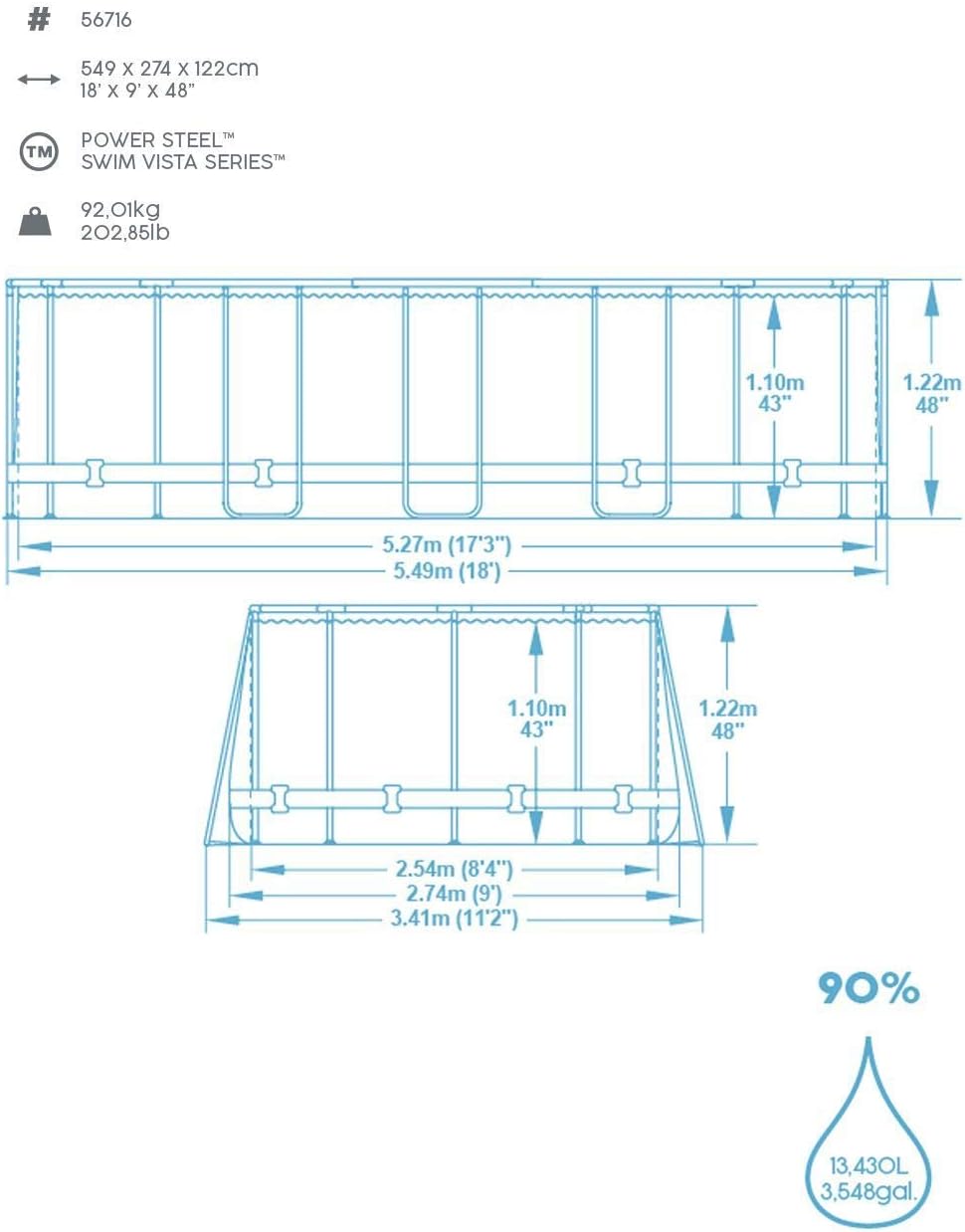 Bestway 56946 Piscine Power Steel™ Swim Vista ovale 488 x 305 x 107 cm motif rotin avec hublots, filtration à sable, échelle, bâche et diffuseur Chemconnect™