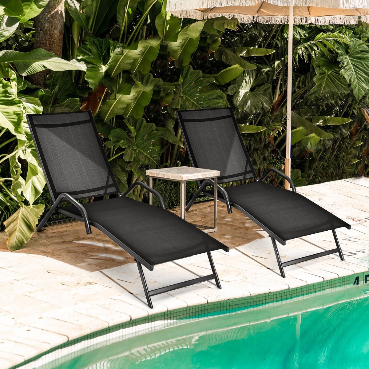 Lot de 2 Bains de Soleil Inclinables d'Extérieur avec Accoudoirs et Dossier Réglable à 5 Positions Charge 160 kg Noir