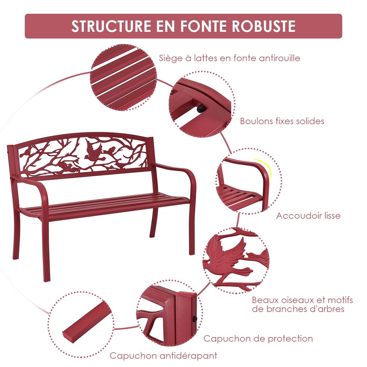 Banc de Jardin en Fer Résistant de Haute Qualité Style Contemporain 2-3 Places Parfait pour Extérieur 127x60x88cm Rouge