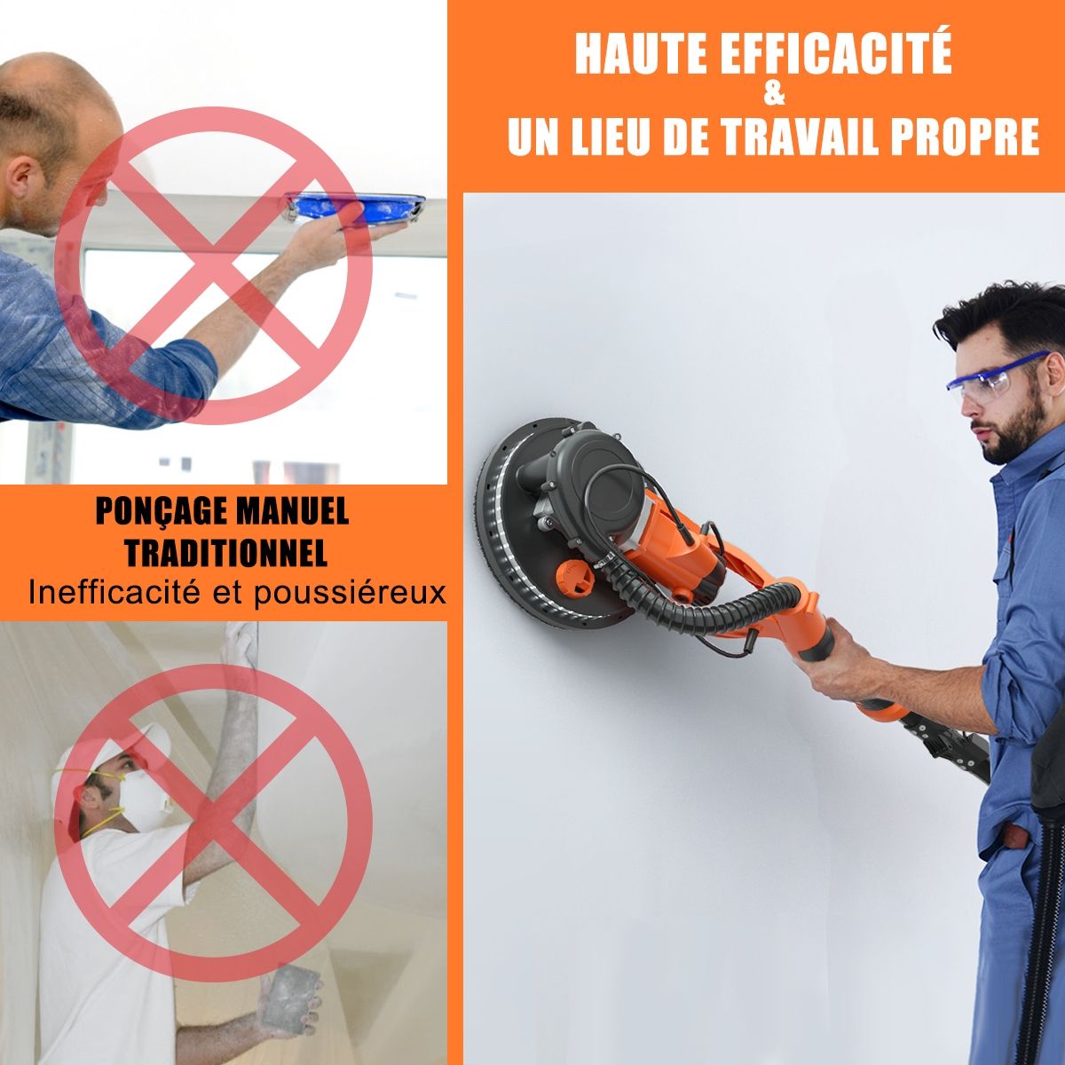 Ponceuse à Plâtre Murale 750W Ø 225mm Aluminium 6 Vitesses Variables Lumières LED Manche Télescopique 12 Disques Abrasifs