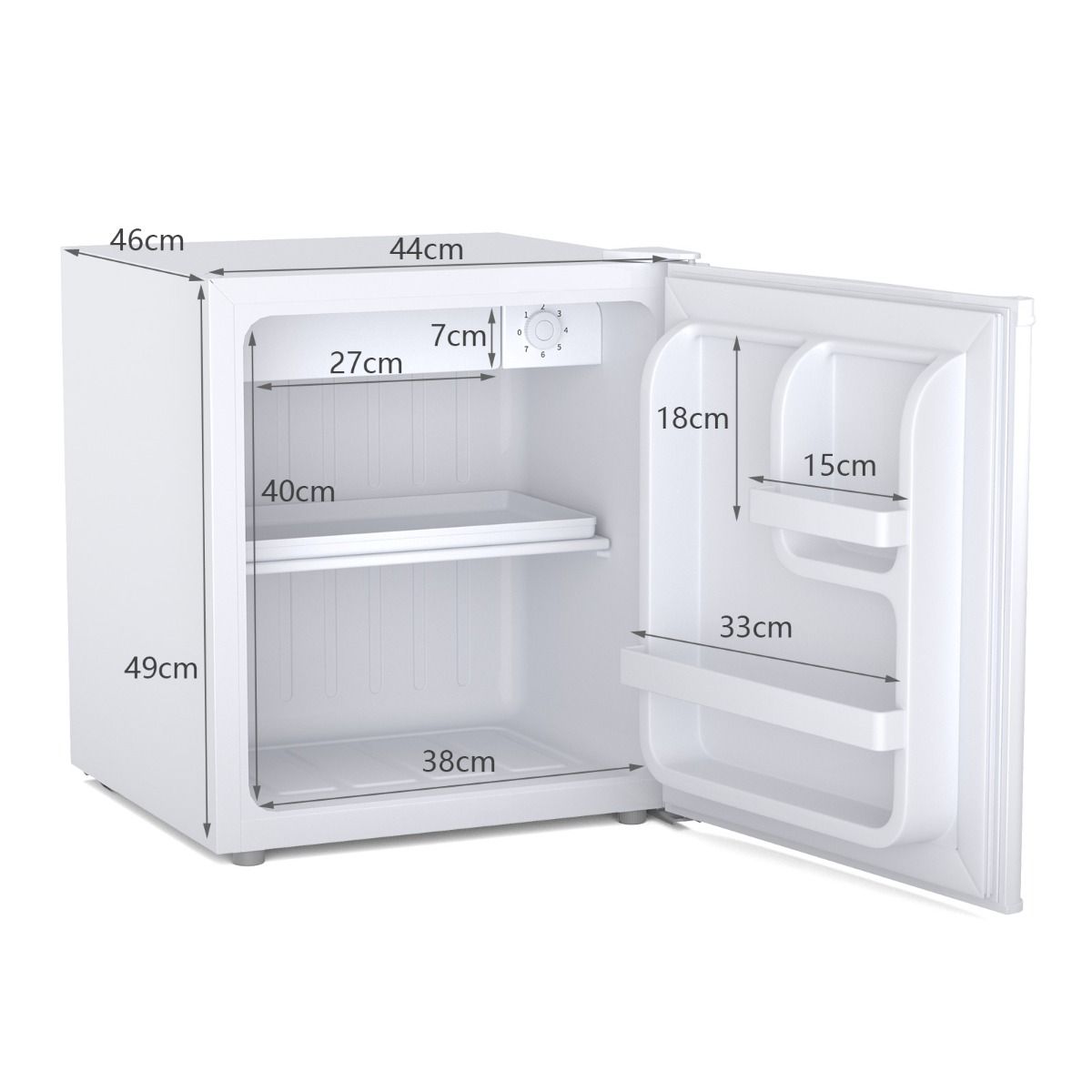 Mini Réfrigérateur 48L, 2 niveaux et porte-bouteille, bac à légumes, Silencieux 230V, 46 x 44 x 49 cm, Blanc