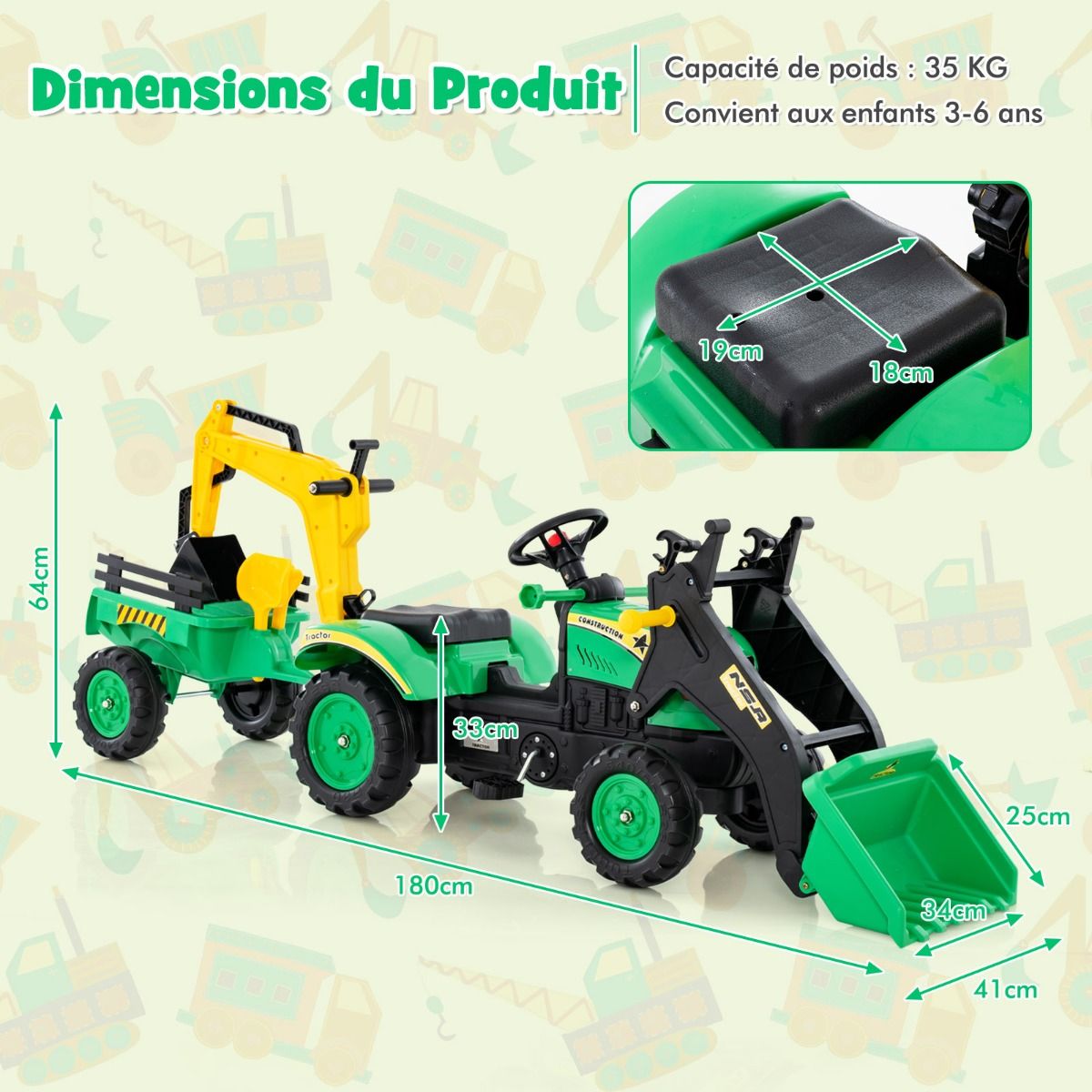 3 en 1 Tracteur pour Enfant avec 6 Roues Jouet Pelle Remorque Amovible avec Volant Klaxon 3 à 6 Ans Jaune/Vert