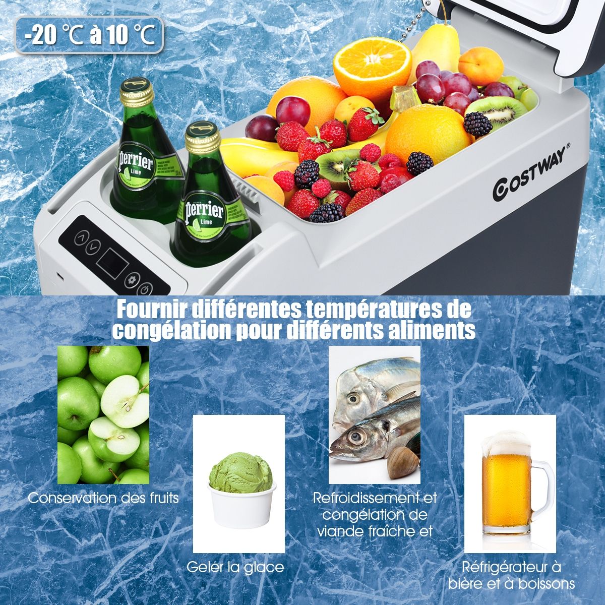 Réfrigérateur Congélateur de Voiture 12L Portable Compresseur -20°C à +10°C Ampoules LED  2 Porte-gobelets 23x53x36cm