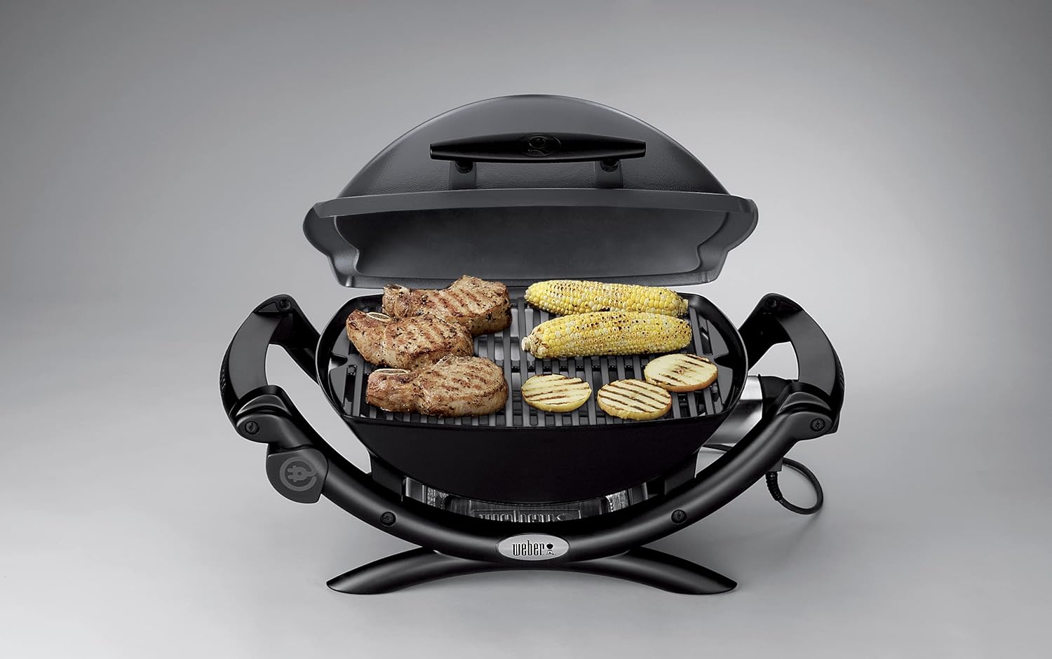 Weber Q1400 Barbecue électrique, surface de cuisson 43 x 32 cm, nomade, grille en fonte émaillée divisée en 2 parties, couvercle et cuve en fonte d'aluminium - Gris foncé (52020053)