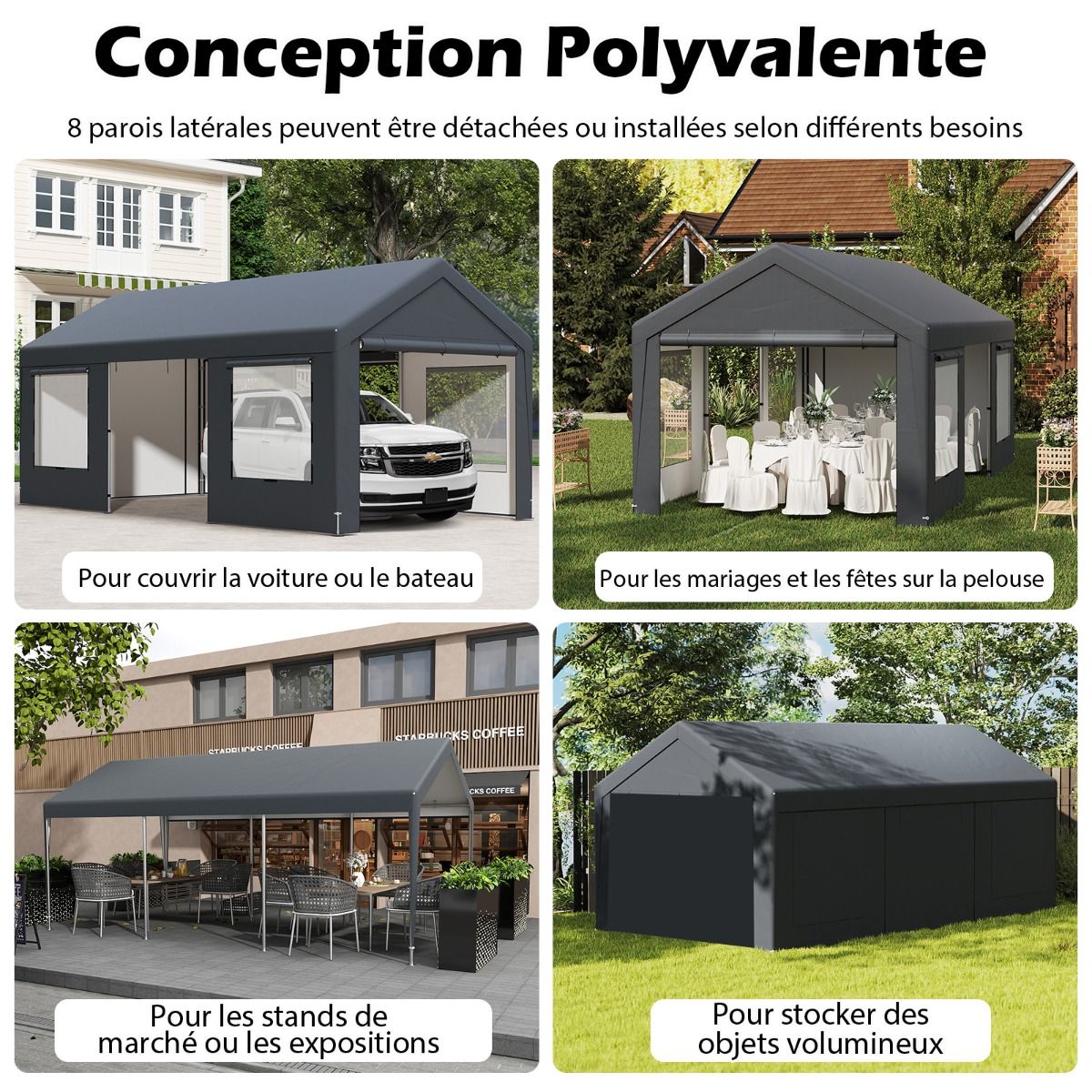 Abri de Voiture 595 x 300 cm Extérieur Tente de Garage avec 8 Parois Latérales Amovibles Portes Enroulables Fenêtres Ventilées Gris