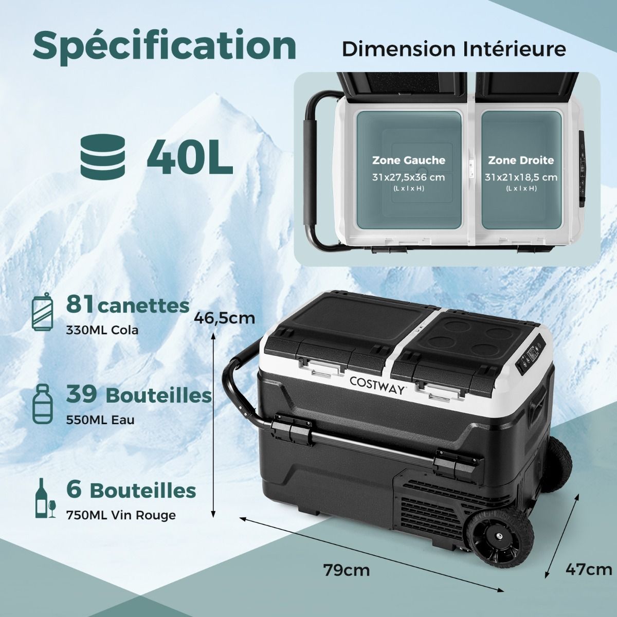 Glacière Électrique Portable Double Zone 40L Réfrigérateur de Voiture 12 V à Compresseur -20℃ ~ 20℃ 12/24V CC et 100-240V CA Noir