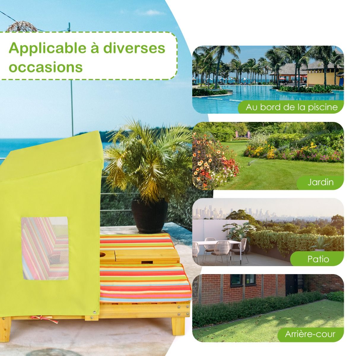 Chaise Longue pour Enfants 3-8 Ans Double Place en Bois avec Auvent Porte-gobelets Coussins Lavables Extérieur Supporté 50kg