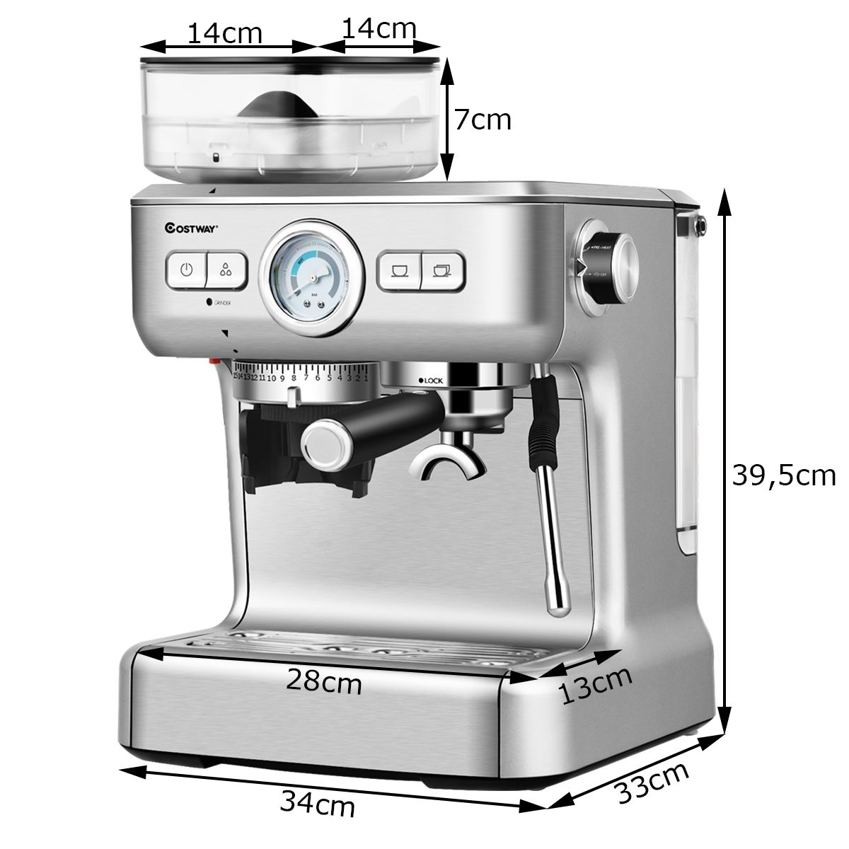 Machine à Café Automatique avec Broyeur à Grains 1350W 30 Niveaux de Poudre de Café Réglables Température Réglable