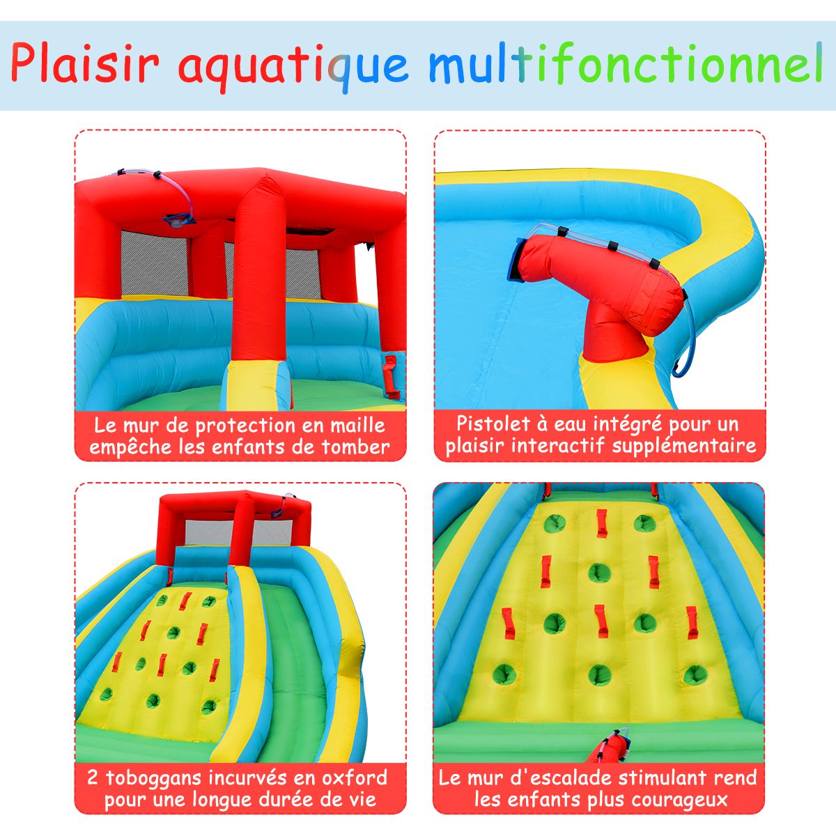 Toboggan Aquatique Gonflable 5 en 1 avec Pataugeoire Aire de Jeux Gonflable en Oxford avec Mur d'Escalade Charge 150kg pour 3-10 Ans (sans Souffleur)