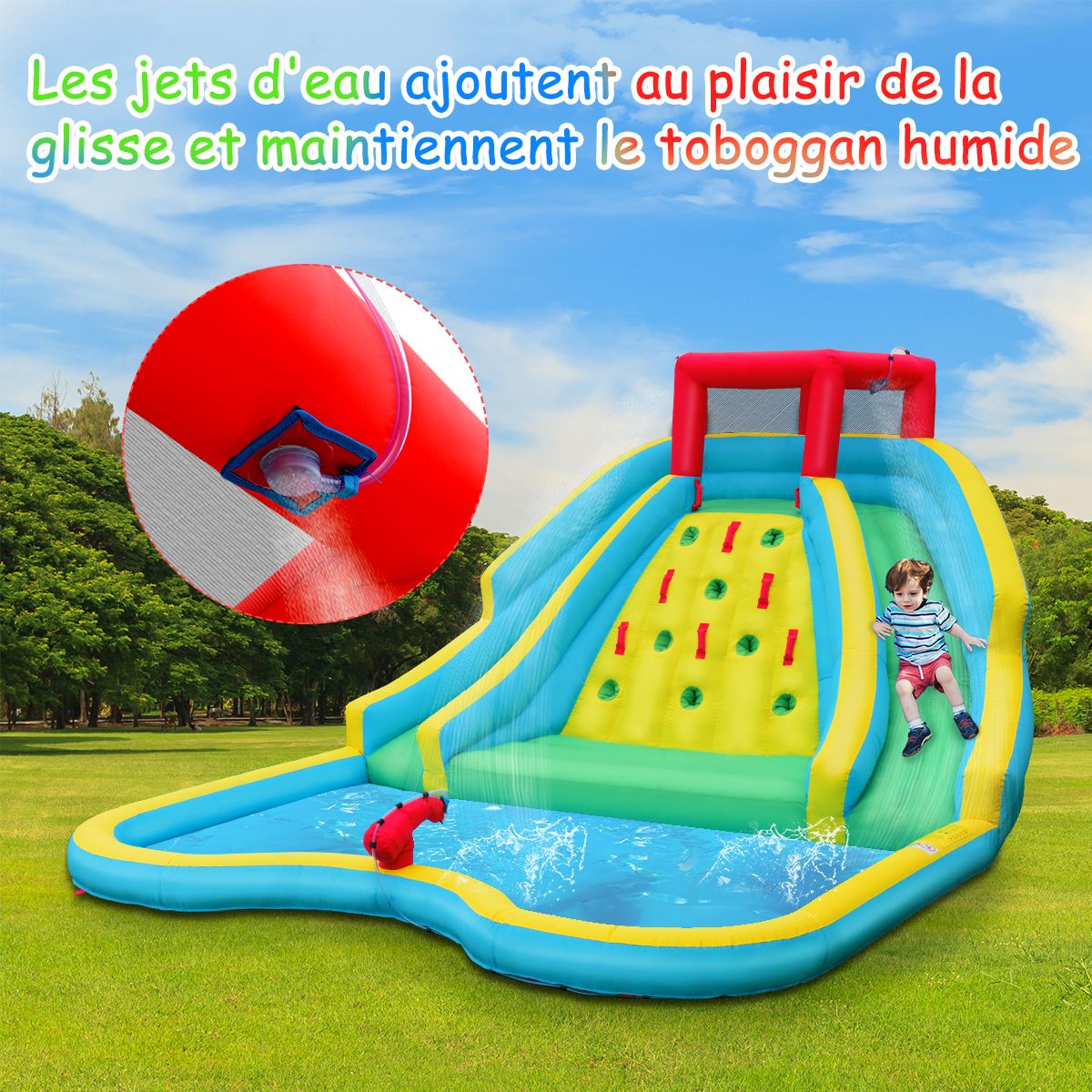 Toboggan Aquatique Gonflable 5 en 1 avec Pataugeoire Aire de Jeux Gonflable en Oxford avec Mur d'Escalade Charge 150kg pour 3-10 Ans (sans Souffleur)