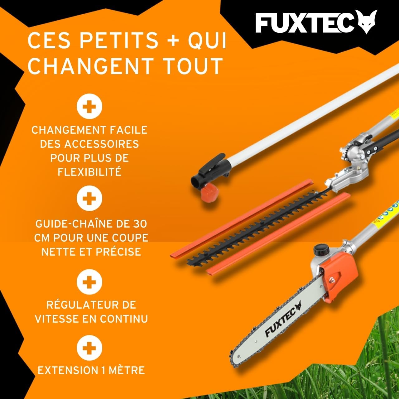 Fuxtec Débroussailleuse Thermique Multifonction 5 en 1 Multitool FX-MT152E - Easy Starter 3CV 52 cm³, Moteur 2 Temps, Élagueuse Taille Haie Coupe Bordure Avec Fil ou Lame 1 Mètre Rallonge