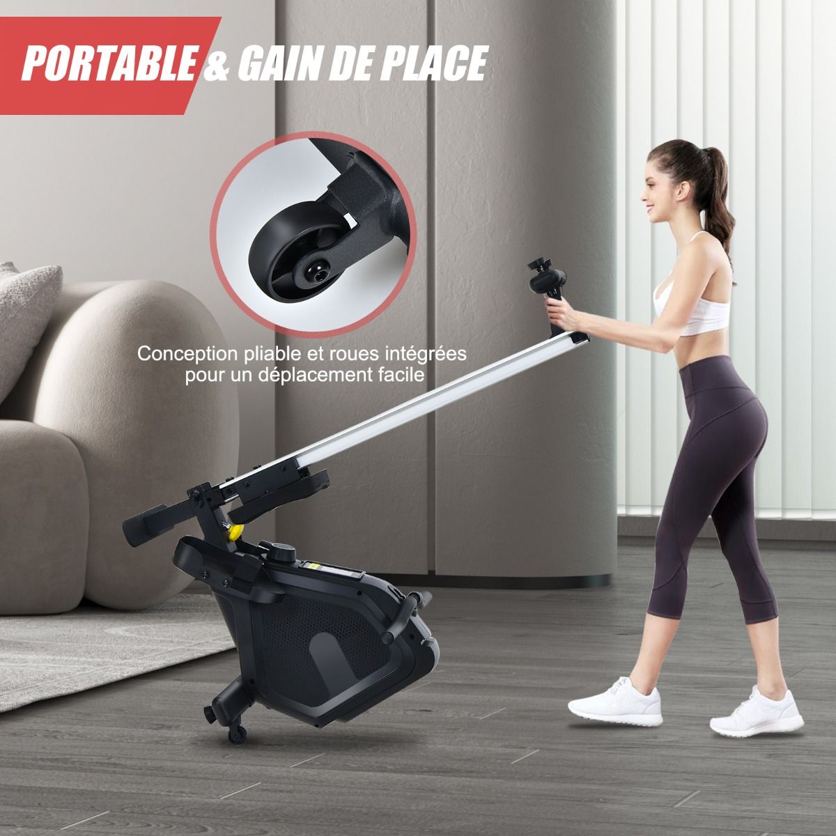 Rameur Magnétique Résistanceà 8 Niveaux Pliable 2 Roues Flexibles Rail Coulissant en Aluminium Ecran LCD Support d'Appareil