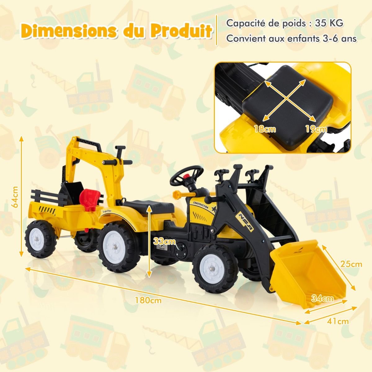 3 en 1 Tracteur pour Enfant avec 6 Roues Jouet Pelle Remorque Amovible avec Volant Klaxon 3 à 6 Ans Jaune/Vert