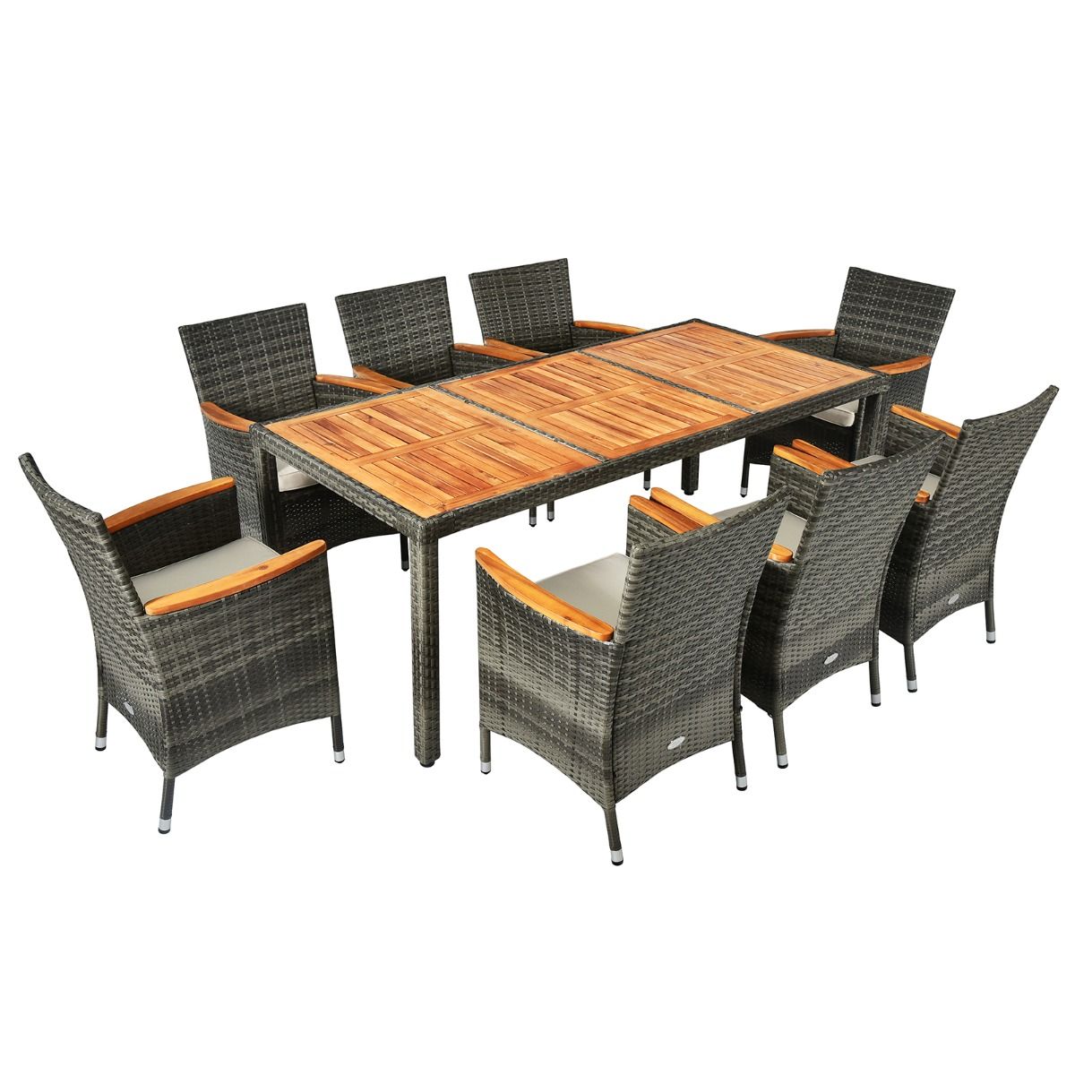 Salon de Jardin avec 1 Table et 8 Chaises en Bois et Rotin Synthétique Anti-UV Pieds Réglables et Coussins Imperméables Inclus