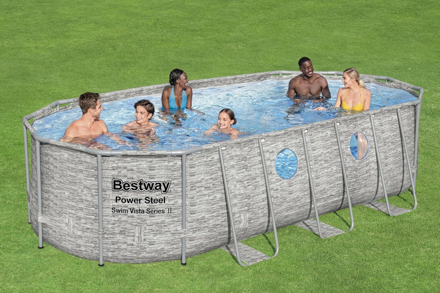 Bestway 56946 Piscine Power Steel™ Swim Vista ovale 488 x 305 x 107 cm motif rotin avec hublots, filtration à sable, échelle, bâche et diffuseur Chemconnect™