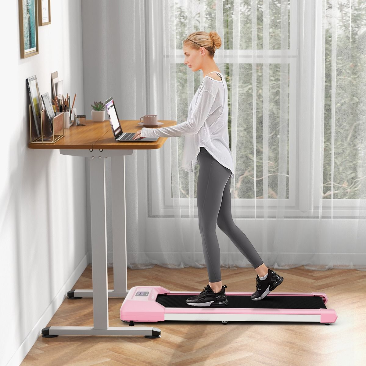 Tapis de Course Mince Tapis de Jogging avec Capacité de 120 Kg Télécommande et Écran Led Inclinable à Roulettes Tapis de Course à Glisser Gris/Noir/Rose