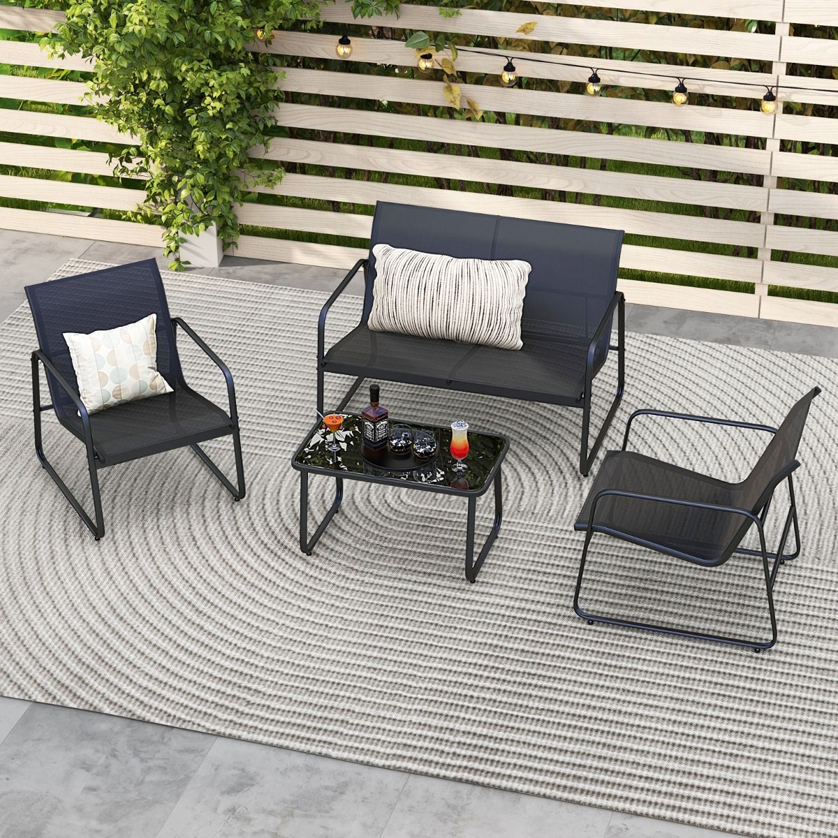 Salon de Jardin 4 Pièces avec 2 Chaises Table en Verre Trempé et Causeuse Meuble Extérieur en Tissu Respirant Cadre Métallique Noir